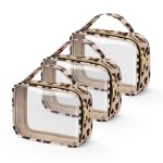 Wedama TSA Approved Toiletry Bag, 3 Pack Clear Makeup Bags with Handles, Quart Size PVC Clear Cosmetic Bags for Women and Men, Carry on Airport Airline Compliant Bag, Leopard Print