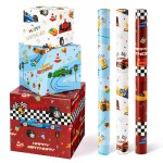 WERNNSAI Race Car Wrapping Paper Rolls - 3 Short Rolls 17 in x 120 in Racing Car for Kids Boy Birthday Truck Car Theme Party Gift Packing Supply Red Blue White Wrapping Paper with Cut Lines