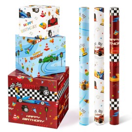 WERNNSAI Race Car Wrapping Paper Rolls - 3 Short Rolls 17 in x 120 in Racing Car for Kids Boy Birthday Truck Car Theme Party Gift Packing Supply Red Blue White Wrapping Paper with Cut Lines