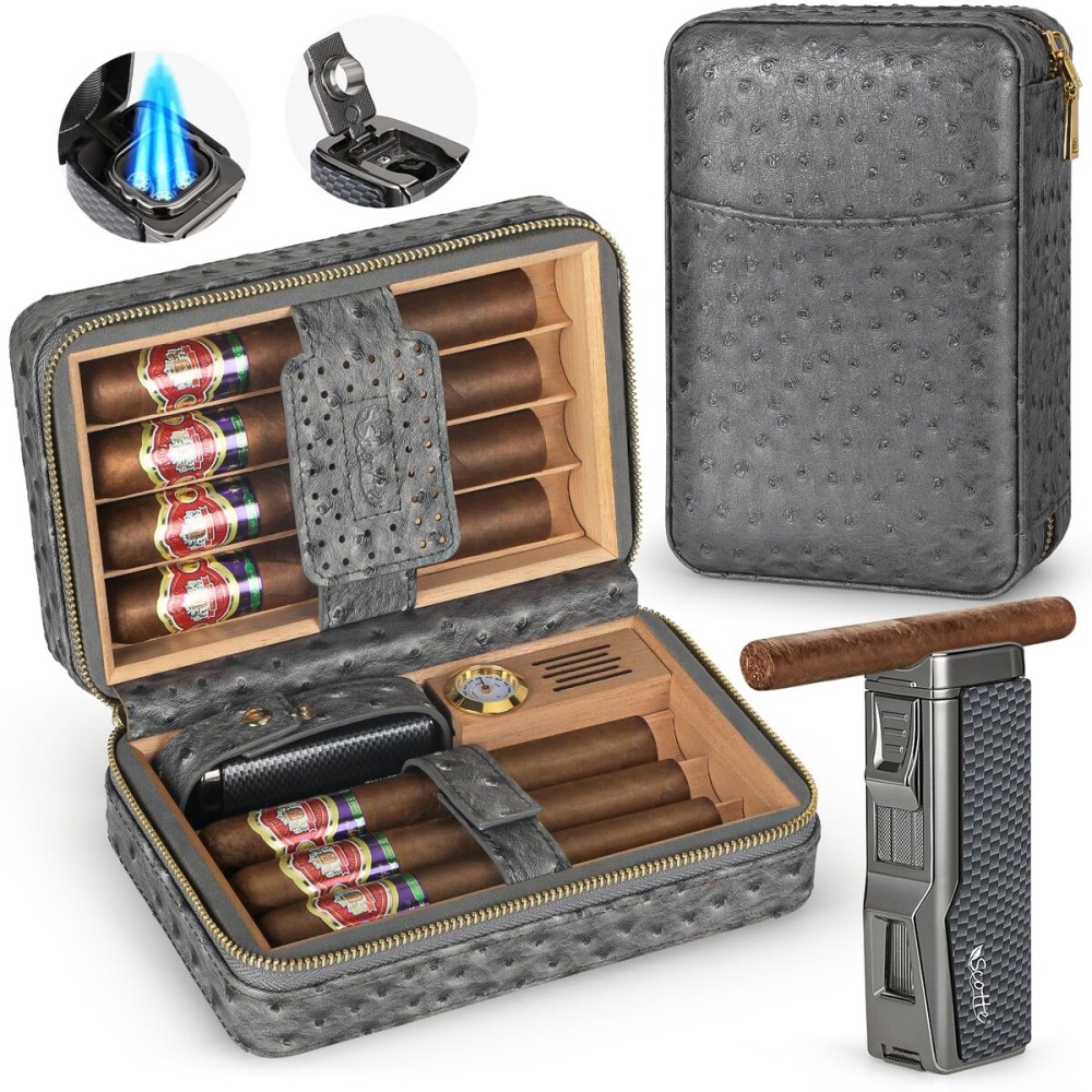 Scotte Cigar Humidor Box, Cigar Lighter Cedar Wood Lined Leather Cigar Case Built in Hygrometer & Humidifier, Torch Lighter with Cigar Holder Cigar Punch Portable Travel Cigar Humidor Kit (Grey)