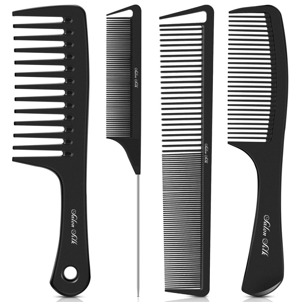 SALONSILK 4PCS Professional Comb Set, Wide Tooth Rat Tail Fine Tooth Hair Combs, Braiding Cutting Barber Styling Curly Parting Set for Men and Women