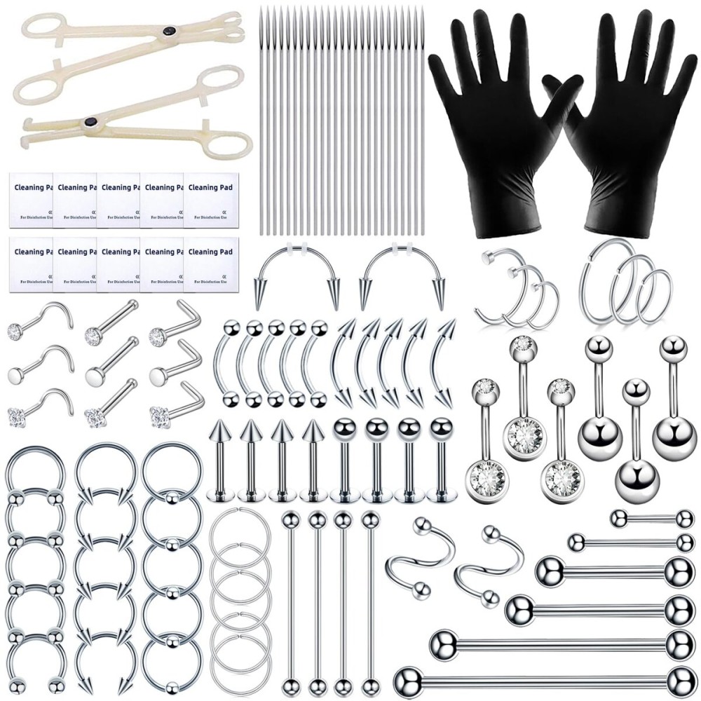 TKKUY 110Pcs Piercing Kit for all Body Piercings with Piercing Tools for Eyebrow Nose Ear Septum Belly Button Lip Tongue Cartilage and More with 12G 14G 16G 20G Piercing Needles