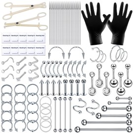 TKKUY 110Pcs Piercing Kit for all Body Piercings with Piercing Tools for Eyebrow Nose Ear Septum Belly Button Lip Tongue Cartilage and More with 12G 14G 16G 20G Piercing Needles