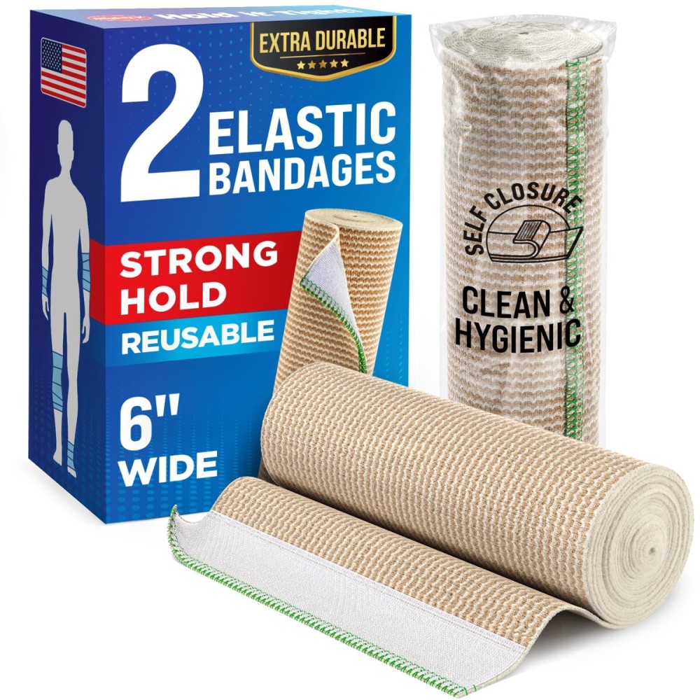 Premium Elastic Bandage Wrap - 6 (2pk) - Strong Compression - Self-Closing Reusable Bandages for Legs, Knee, Abdomen, Lymphedema - Body Wrap