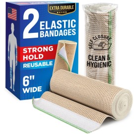 Premium Elastic Bandage Wrap - 6 (2pk) - Strong Compression - Self-Closing Reusable Bandages for Legs, Knee, Abdomen, Lymphedema - Body Wrap