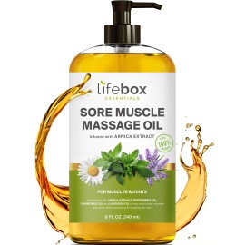 Arnica Sore Muscle Massage Oil - 100% Pure & Natural - Massage Therapy for Muscles & Joints - Body Oil Infused with Arnica Extract, Lavender, Peppermint & Chamomile Oils - 8 FL OZ