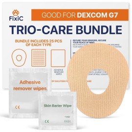 Fixic Trio-Care Bundle 75 PCS - 25 G7 Adhesive Patches, 25 Skin Barrier Wipes, 25 Adhesive Remover Wipes - an Ultimate Solution for Your Sensor!