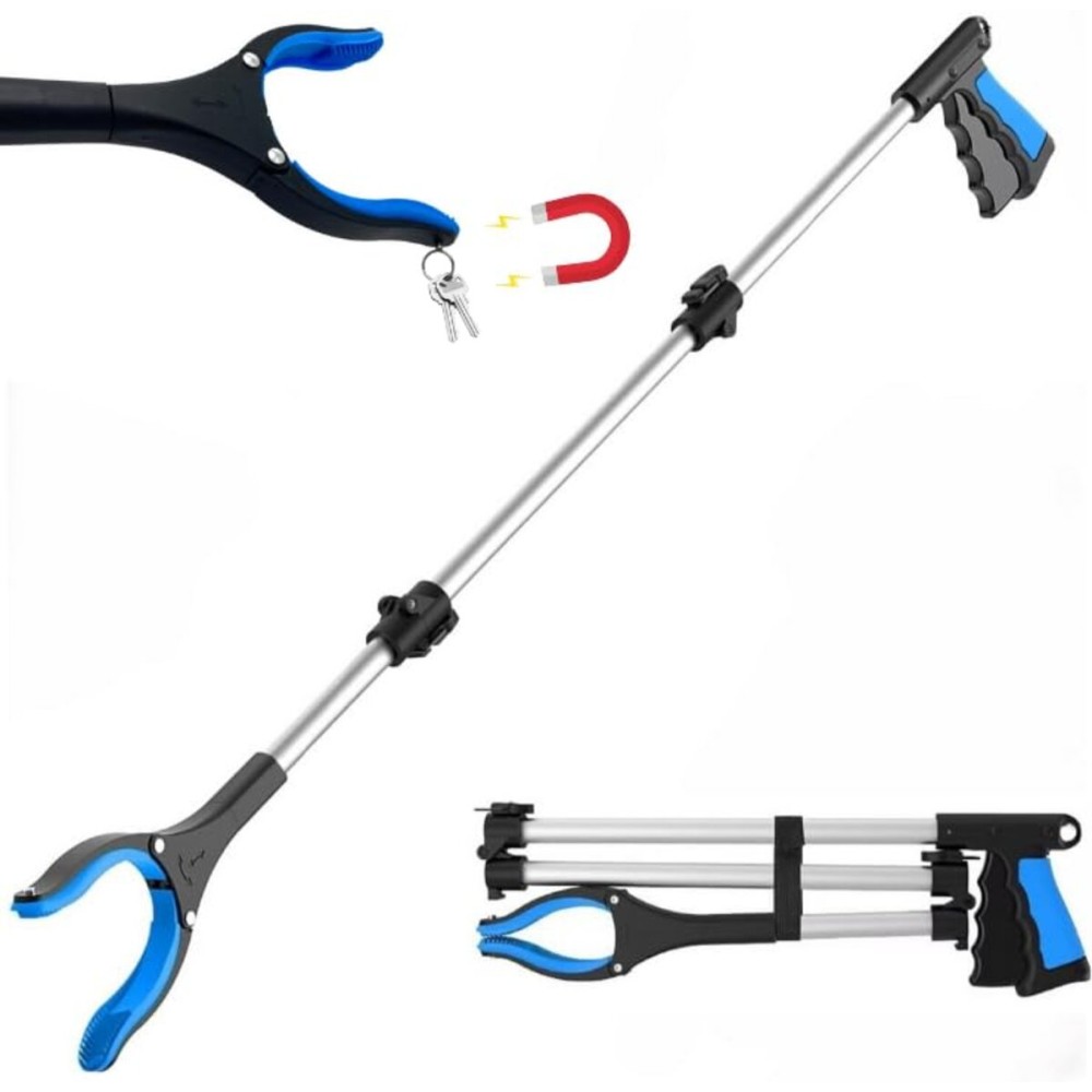FitPlus 2024 Upgrade PowerGrip T9, Extra Long Grabber Reacher Tool, Wide Jaw, Foldable Trash Pickup Tool, Steel Cable, with 96 Grip Points for Firm Grip, 43 with Magnet (Blue, 43 Inch)