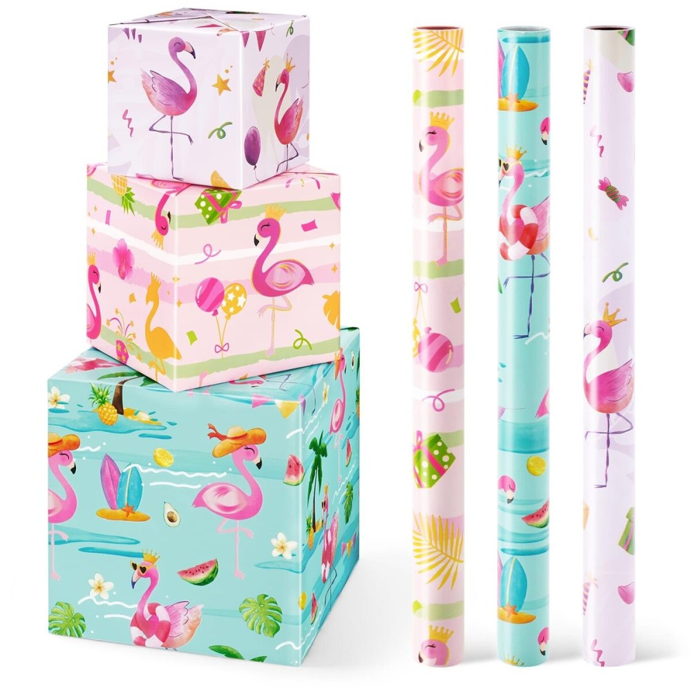 WERNNSAI Flamingo Wrapping Paper Rolls - 3 Short Rolls Birthday Wrapping Paper Pink Flamingo Gift Packing Supply for Kids Summer Hawaii Party with Cut Lines 17 in x 10 ft