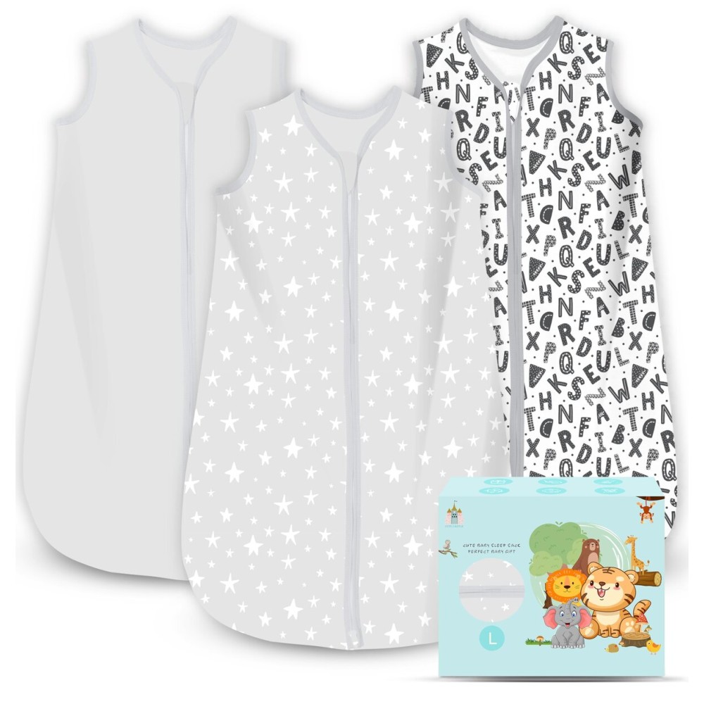 Cute Castle Baby Sleep Sack 12-18 Months - Lightweight 100% Cotton 2-Way Zipper TOG 0.5 Infant Wearable Blanket, Newborn Essentials Toddler Sleep Clothes, 3 Pack(Gray, Letters, Stars)