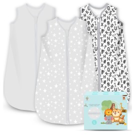 Cute Castle Baby Sleep Sack 12-18 Months - Lightweight 100% Cotton 2-Way Zipper TOG 0.5 Infant Wearable Blanket, Newborn Essentials Toddler Sleep Clothes, 3 Pack(Gray, Letters, Stars)