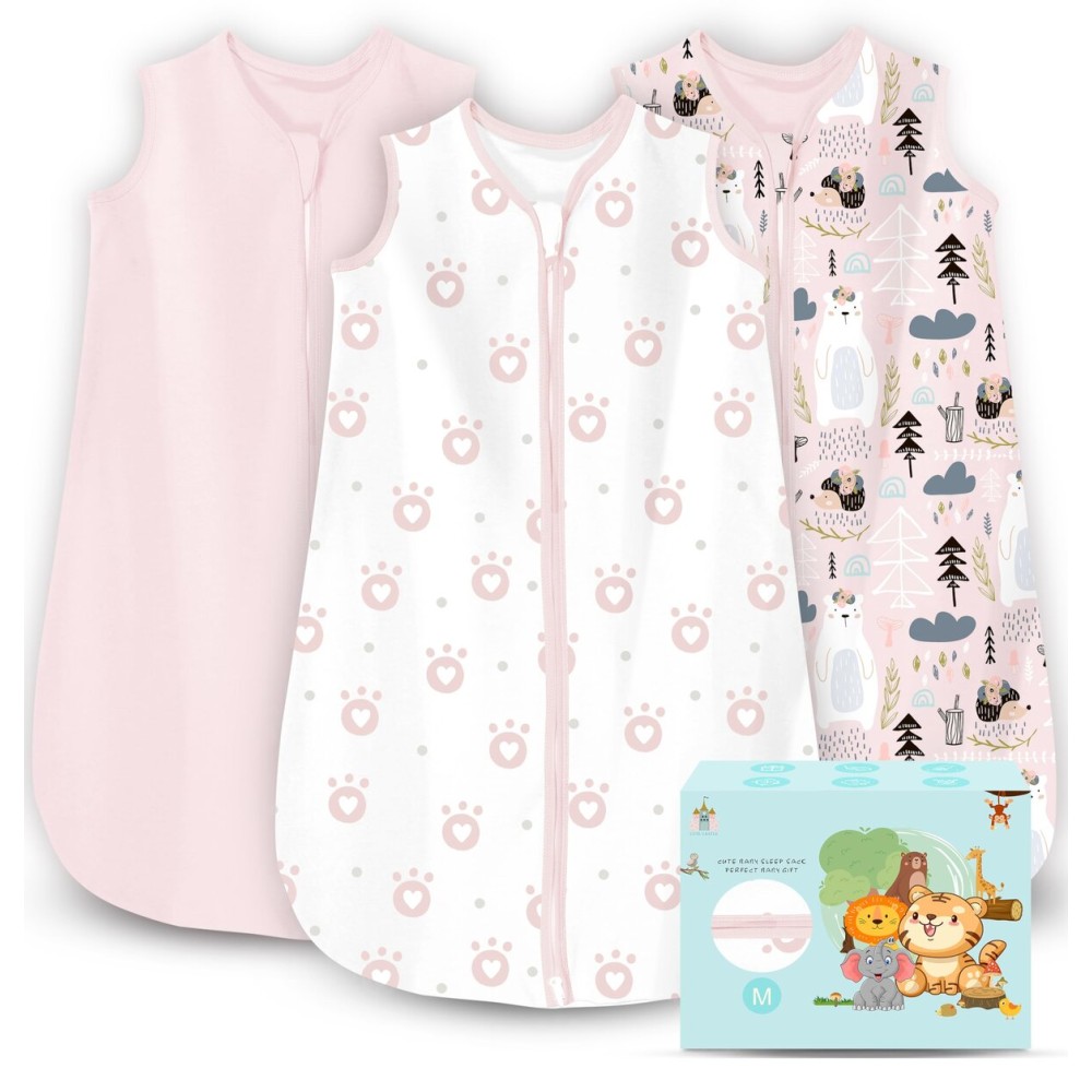 Cute Castle Baby Sleep Sack 0-6 Months - Lightweight 100% Cotton 2-Way Zipper TOG 0.5 Infant Wearable Blanket, Newborn Essentials Toddler Sleep Clothes, 3 Pack(Pink, Bear, Bear Claw)