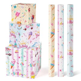 WERNNSAI Ice Cream Wrapping Paper Rolls - 3 Short Rolls Birthday Wrapping Paper Rolls Pink Ice Cream Gift Wrap Paper Kids Wrapping Paper Rolls Summer Wrapping Paper with Cut Lines 17 in x 10 ft