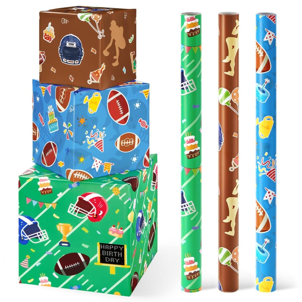 WERNNSAI Football Wrapping Paper Rolls - 3 Short Rolls Sports Gift Wrap Paper Kids for Kids Birthday Party Gift Packing Supply Green Brown Blue Wrapping Paper with Cut Lines 17 in x 10 ft