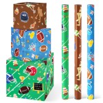 WERNNSAI Football Wrapping Paper Rolls - 3 Short Rolls Sports Gift Wrap Paper Kids for Kids Birthday Party Gift Packing Supply Green Brown Blue Wrapping Paper with Cut Lines 17 in x 10 ft