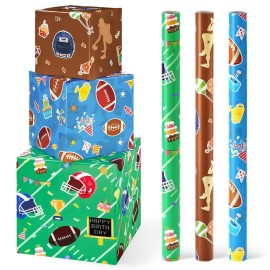 WERNNSAI Football Wrapping Paper Rolls - 3 Short Rolls Sports Gift Wrap Paper Kids for Kids Birthday Party Gift Packing Supply Green Brown Blue Wrapping Paper with Cut Lines 17 in x 10 ft