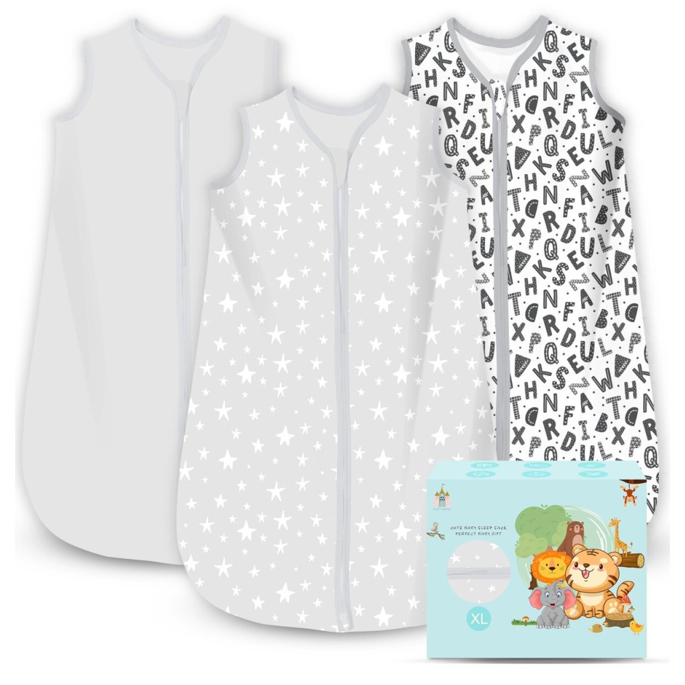 Cute Castle Baby Sleep Sack 18-24 Months - Lightweight 100% Cotton 2-Way Zipper TOG 0.5 Infant Wearable Blanket, Newborn Essentials Toddler Sleep Clothes, 3 Pack(Gray, Letters, Stars)