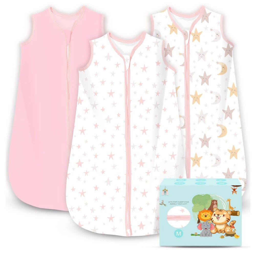 Cute Castle Baby Sleep Sack 6-12 Months - Lightweight 100% Cotton 2-Way Zipper TOG 0.5 Infant Wearable Blanket, Newborn Essentials Toddler Sleep Clothes, 3 Pack(Pink, Moon, Stars)