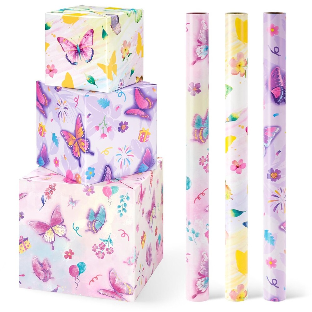 WERNNSAI Butterfly Wrapping Paper Rolls - 3 Short Rolls Butterfly Birthday Gift Wrap Paper for Kids Girls Birthday Party Packing Supply Purple Wrapping Paper with Cut Lines 17 in x 10 ft