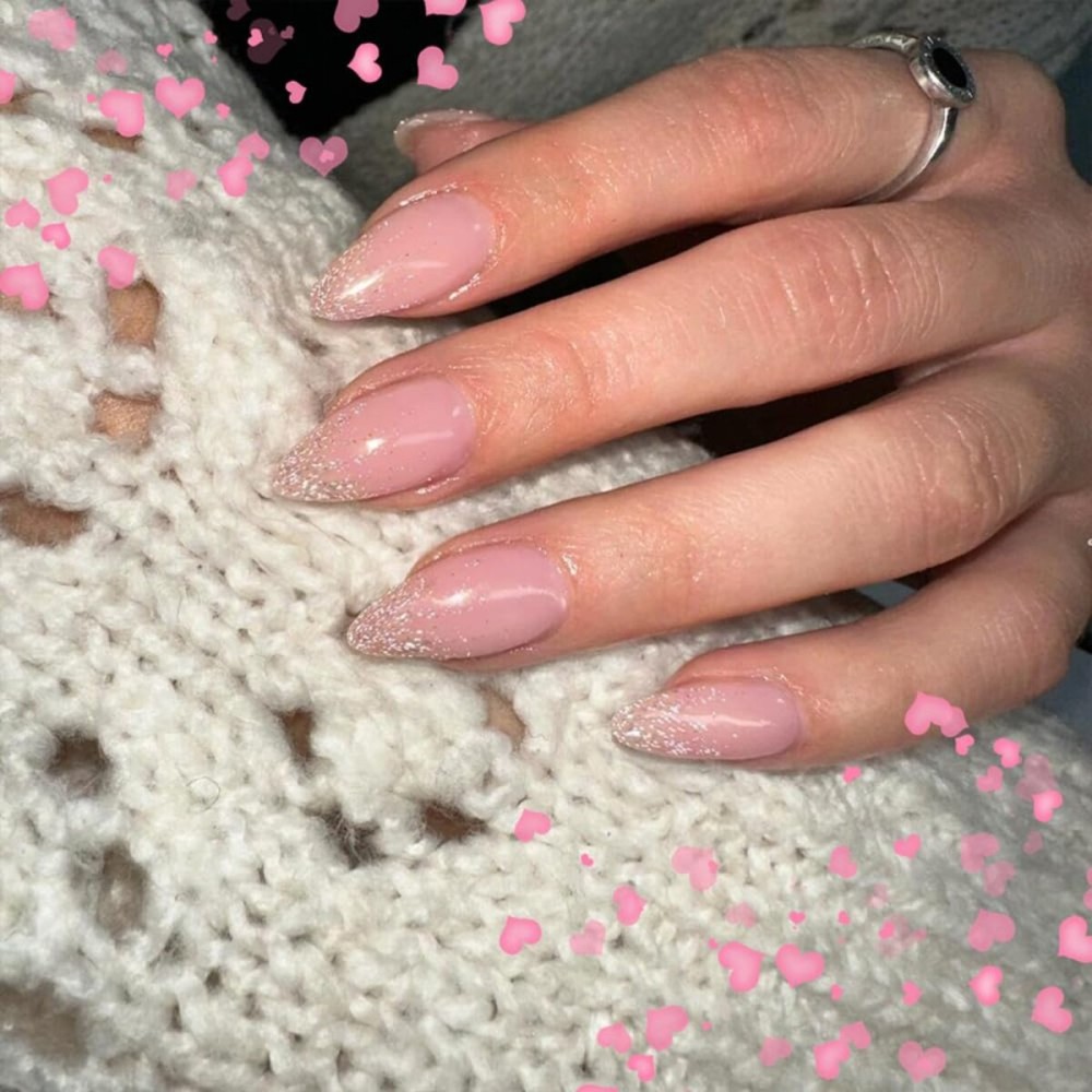 KQueenest Glitter French Press on Nails Medium Stiletto Almond, Glitter Ombre Pink Fake Nails Press on, Shimmer Gradient Acrylic Nails, Luxury Stick on Nails for Women Party Manicure in 24 Pcs