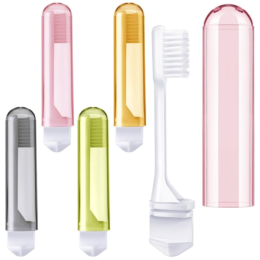 Patelai 4 Pcs Travel Toothbrush Set, Soft Bristle Mini Foldable Tooth Brush with Case, Individually Wrapped Small Portable Travel Size Toiletries Stuff for Camping (Mailard Color)