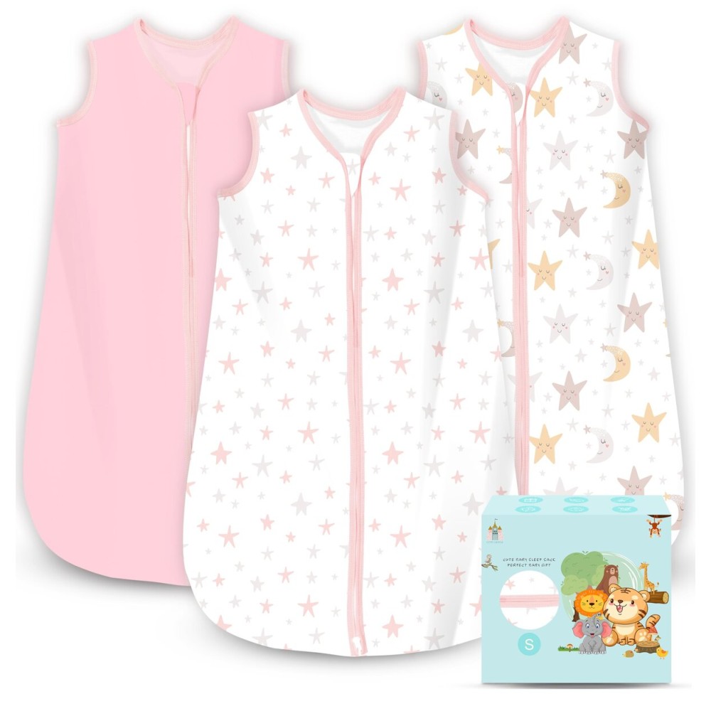 Cute Castle Baby Sleep Sack 0-6 Months - Lightweight 100% Cotton 2-Way Zipper TOG 0.5 Infant Wearable Blanket, Newborn Essentials Toddler Sleep Clothes, 3 Pack(Pink, Moon, Stars)