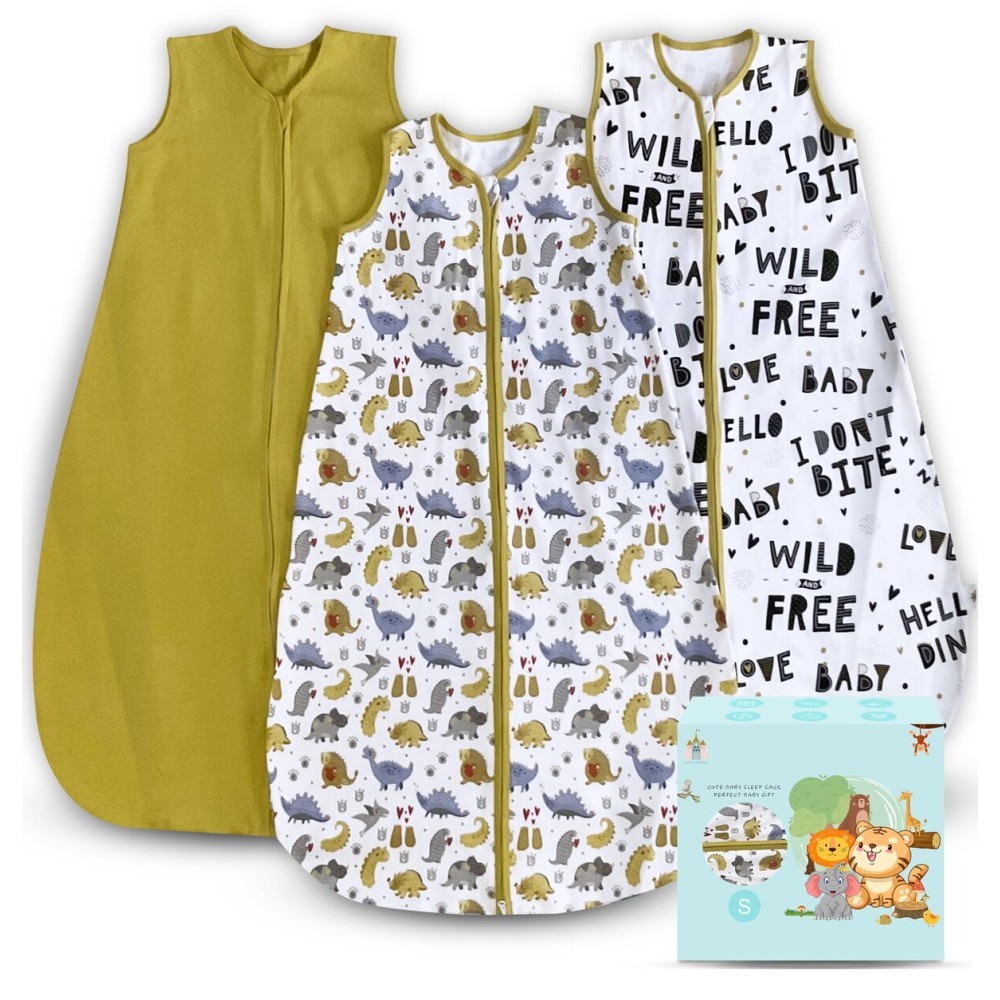 Cute Castle Baby Sleep Sack 0-6 Months - Lightweight 100% Cotton 2-Way Zipper TOG 0.5 Infant Wearable Blanket, Newborn Essentials Toddler Sleep Clothes, 3 Pack(Honey, Dinosaurs, Letters)