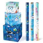 WERNNSAI Ocean Wrapping Paper Rolls - 3 Short Rolls Birthday Wrapping Paper Sperm Whale Gift Wrap Paper for Kids Birthday Gift Packing Supply Under The Sea Theme with Cut Lines 17 in x 10 ft