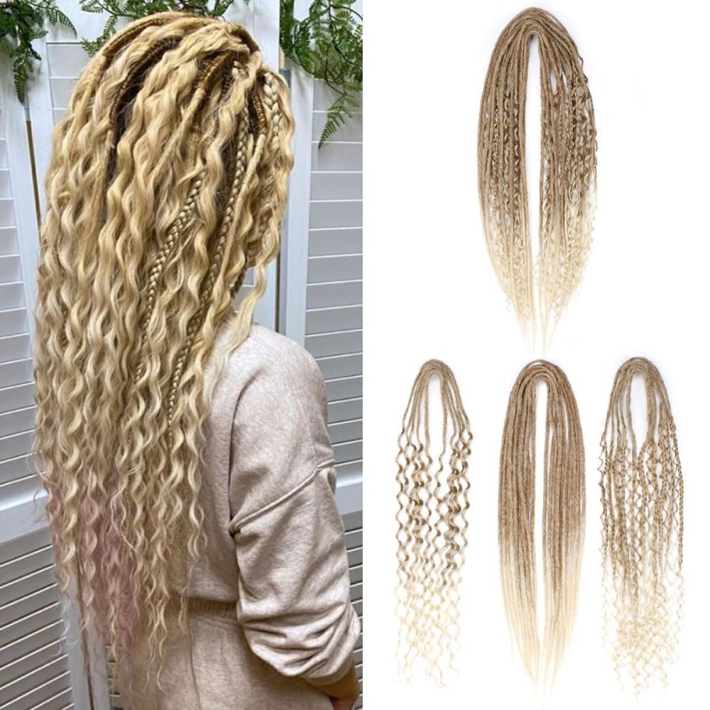Sangtok Double Ended 3 in 1 Dreadlock Extensions, 24 inch 15pcs Brown to Blonde Mixed Dreads Extensions Set DE Dreads with Curly Dreadlocks for White Women