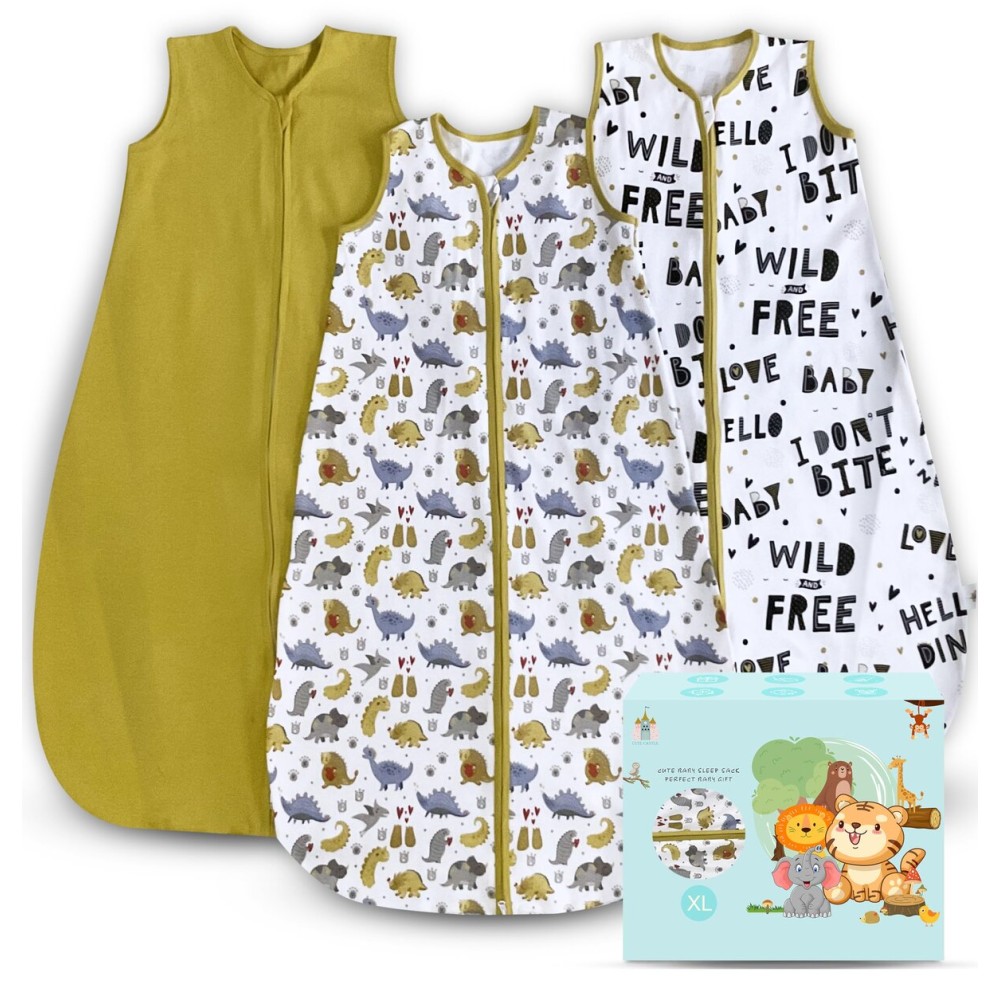 Cute Castle Baby Sleep Sack 18-24 Months - Lightweight 100% Cotton 2-Way Zipper TOG 0.5 Infant Wearable Blanket, Newborn Essentials Toddler Sleep Clothes, 3 Pack(Honey, Dinosaurs, Letters)