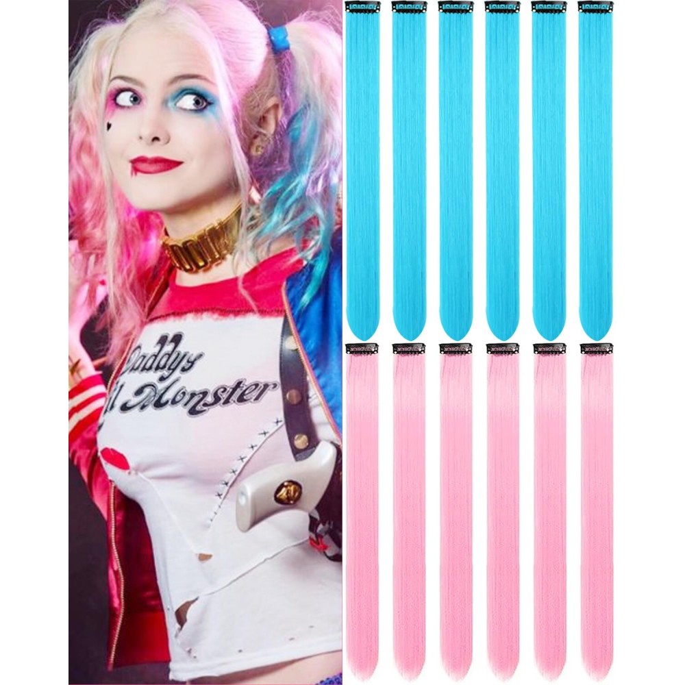 Olldag 12 PCS Clip in Pink and Lake Blue Hair Extensions, 20 Inch Colorful Hair Accessories, Synthetic Straight Hairpiece for Kids Girls Women (Pink and Lake Blue)