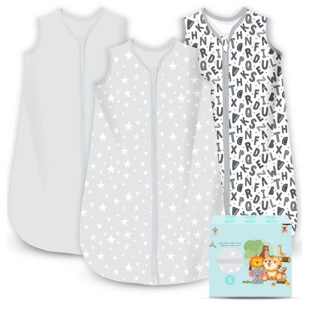 Cute Castle Baby Sleep Sack 0-6 Months - Lightweight 100% Cotton 2-Way Zipper TOG 0.5 Infant Wearable Blanket, Newborn Essentials Toddler Sleep Clothes, 3 Pack(Gray, Letters, Stars)
