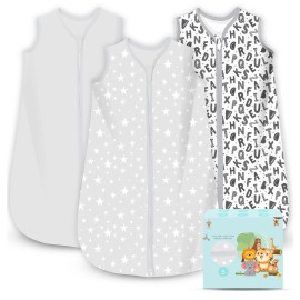 Cute Castle Baby Sleep Sack 0-6 Months - Lightweight 100% Cotton 2-Way Zipper TOG 0.5 Infant Wearable Blanket, Newborn Essentials Toddler Sleep Clothes, 3 Pack(Gray, Letters, Stars)