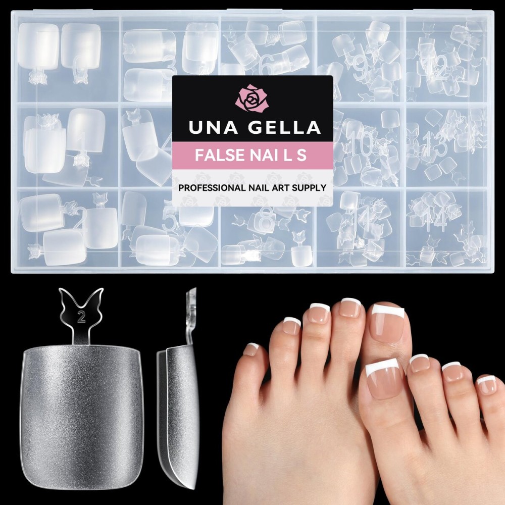 UNA GELLA Square Toe Nail Tips 216Pcs 15Sizes Full Cover Long Wider Toe Nail Tips Soft Gel Pre-etched Double Matte Fake Toe Nails Press Ons For Big Toe Nail Extensions Home DIY Nail Salon Soak Off