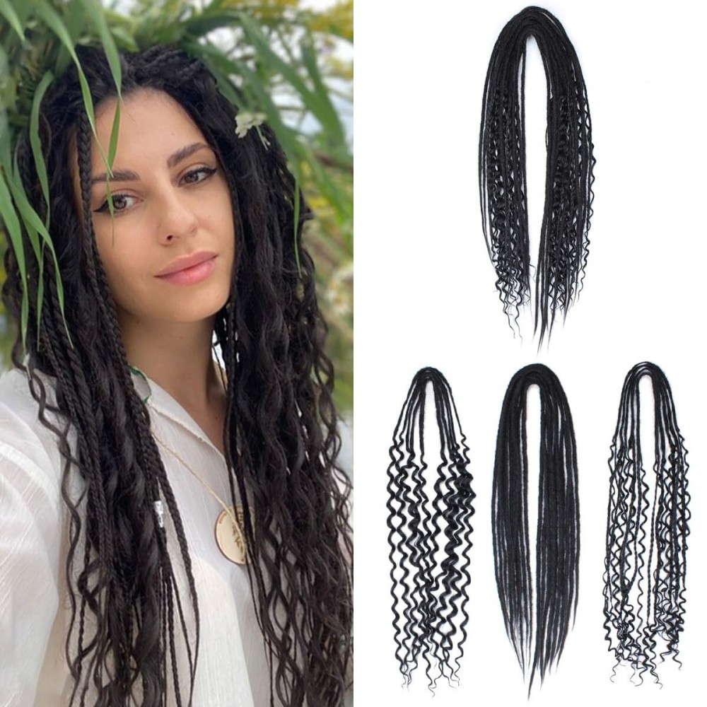 Sangtok Double Ended 3 in 1 Dreadlock Extensions, 24 inch 15pcs Black Mixed Dreads Extensions Set DE Dreads with Curly Dreadlocks for White Women