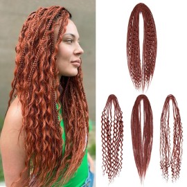 Sangtok Double Ended 3 in 1 Dreadlock Extensions, 24 inch 15pcs Copper Red Mixed Dreads Extensions Set DE Dreads with Curly Dreadlocks for White Women