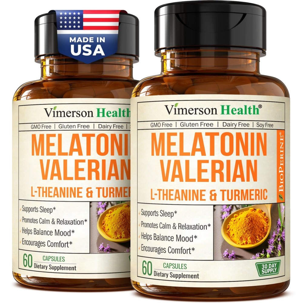 Melatonin Sleep Aid with L Theanine & Valerian Root - Turmeric Supplement - Turmeric Curcumin with Ginger & Black Pepper - L-Theanine & Melatonin 3mg for Sleep, Calm and Stress Relief - 2 Pack