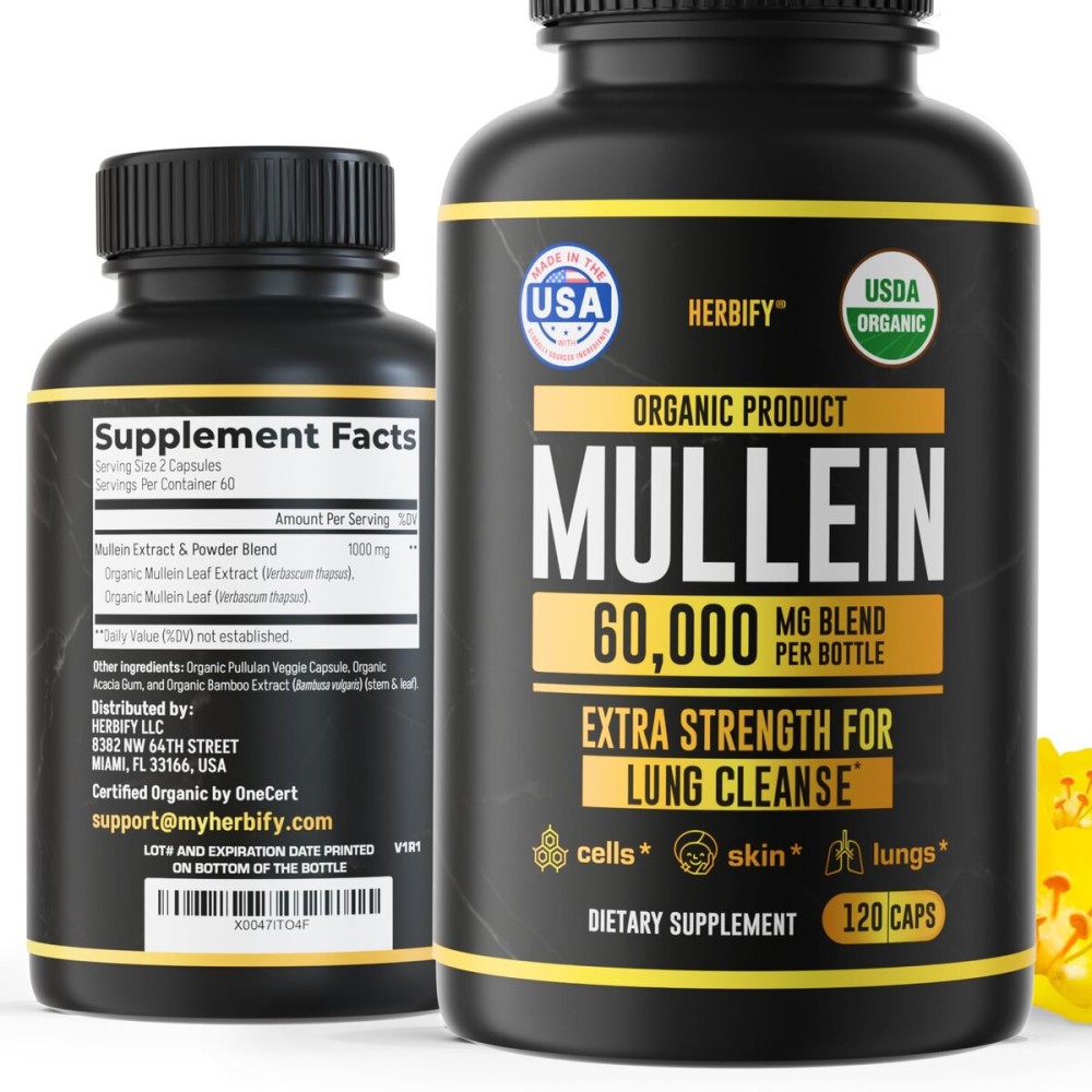 HERBIFY Mullein Capsules - Lung Cleanse - Leaf Extract - Powerful Mullein for Immune Support, Detox & Respiratory Support - Made in USA - Herbal Supplements - 120 Capsules