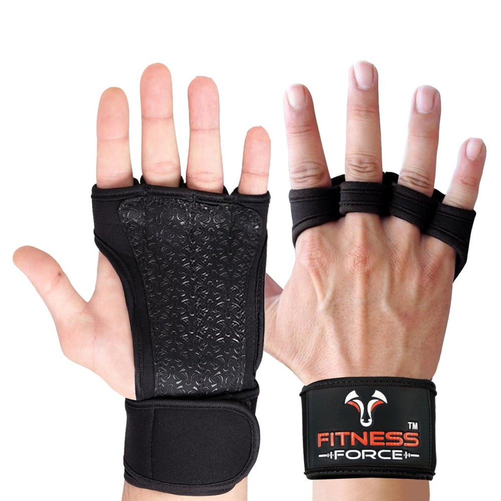 FITNESS FORCE Ventilated Weightlifting Gloves Workout Gloves for Men & Women with Built-in Wrist Wraps Fingerless Gym Gloves for Men Perfect for Exercise Fitness, Weight Lifting, Cross Training