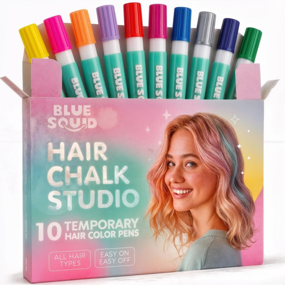 Blue Squid Hair Chalk for Girls Pens - 10 Vibrant Temporary Hair Color for Kids - Ideal Christmas, Birthday Gifts for Girls & Teens - Kid Safe, Washable Hair Dye for Ages 6 7 8 9 10 11 12