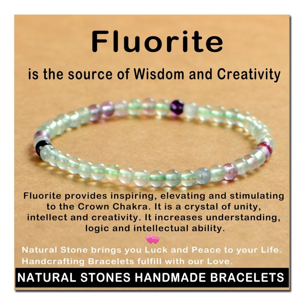 AD Beads Handmade Gemstone Stretch Elastic Bracelet Crystal Healing Reiki Nature\'s Beauty and Spiritual Essence Unisex (4mm, Fluorite)