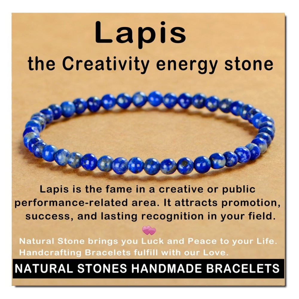 AD Beads Handmade Gemstone Stretch Elastic Bracelet Crystal Healing Reiki Nature\'s Beauty and Spiritual Essence Unisex (4mm, Lapis Lazuli)