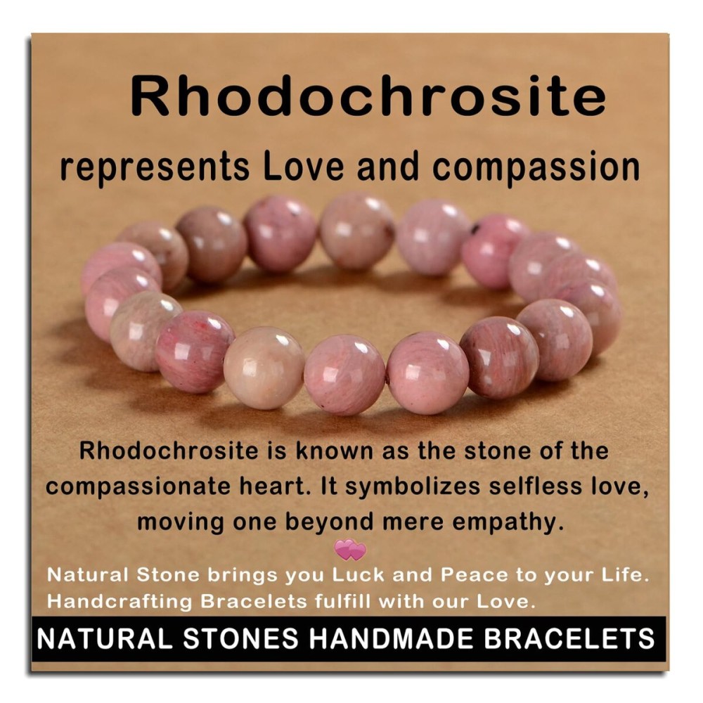 AD Beads Handmade Gemstone Stretch Elastic Bracelet Crystal Healing Reiki Nature\'s Beauty and Spiritual Essence Unisex (10mm, Rhodochrosite)