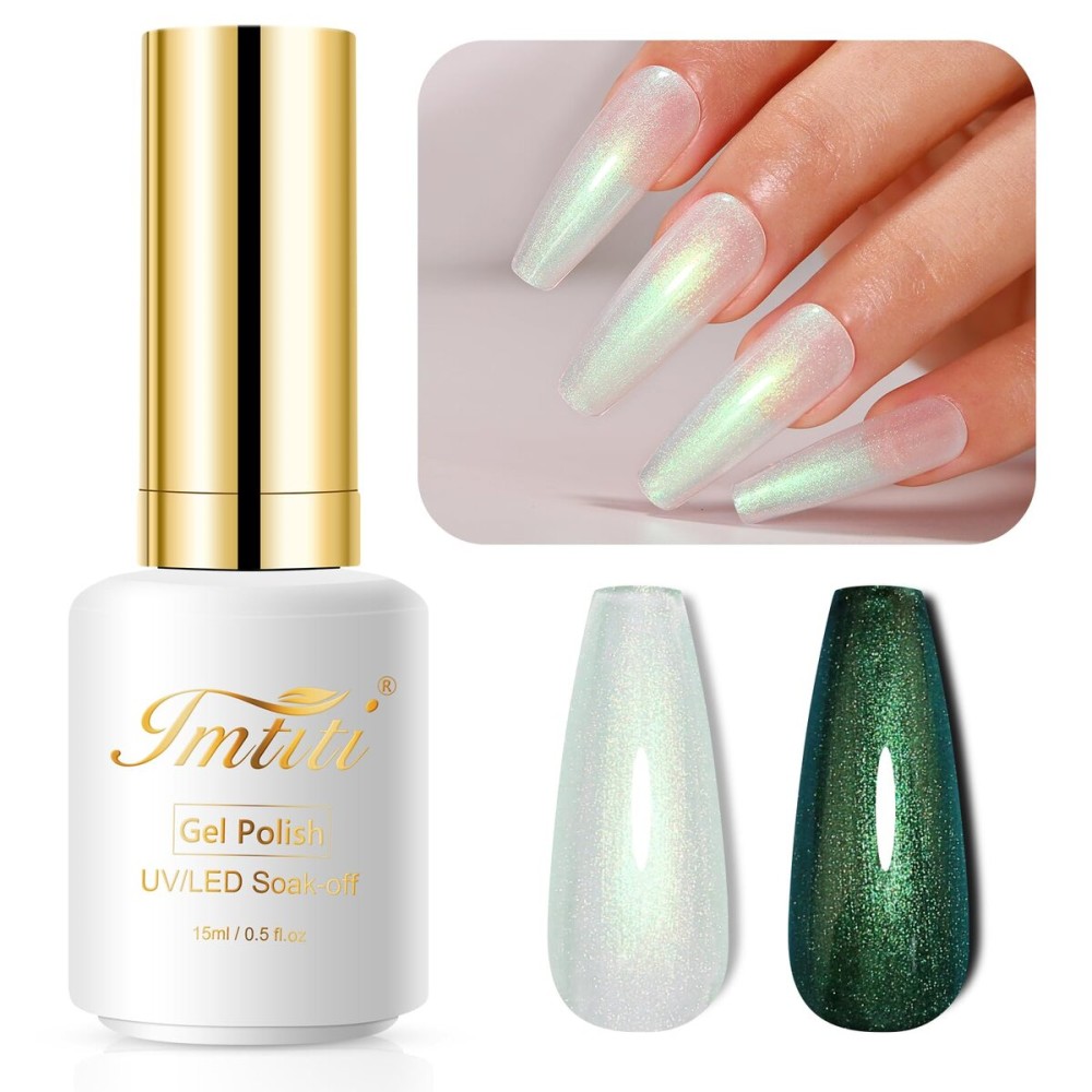 Imtiti Pearl Gel Nail Polish, 0.5 Fl Oz Green Transparent Shell Shimmer Nail Gel Polish Mermaid Nail Drawing Gel Polish Iridescent Pearlescent Spring Summer Nail Polish Soak Off Led UV