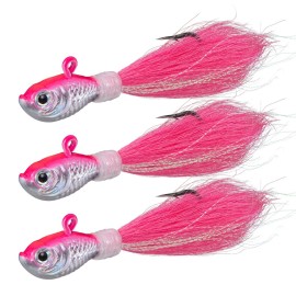Dr.Fish 3 Pack Bucktail Jig Saltwater Fishing Jig Buck Tail Hair Lure Surf Fishing Bass/Striper/Mackerel/Halibut/Flouder Lure Pink 1/2oz