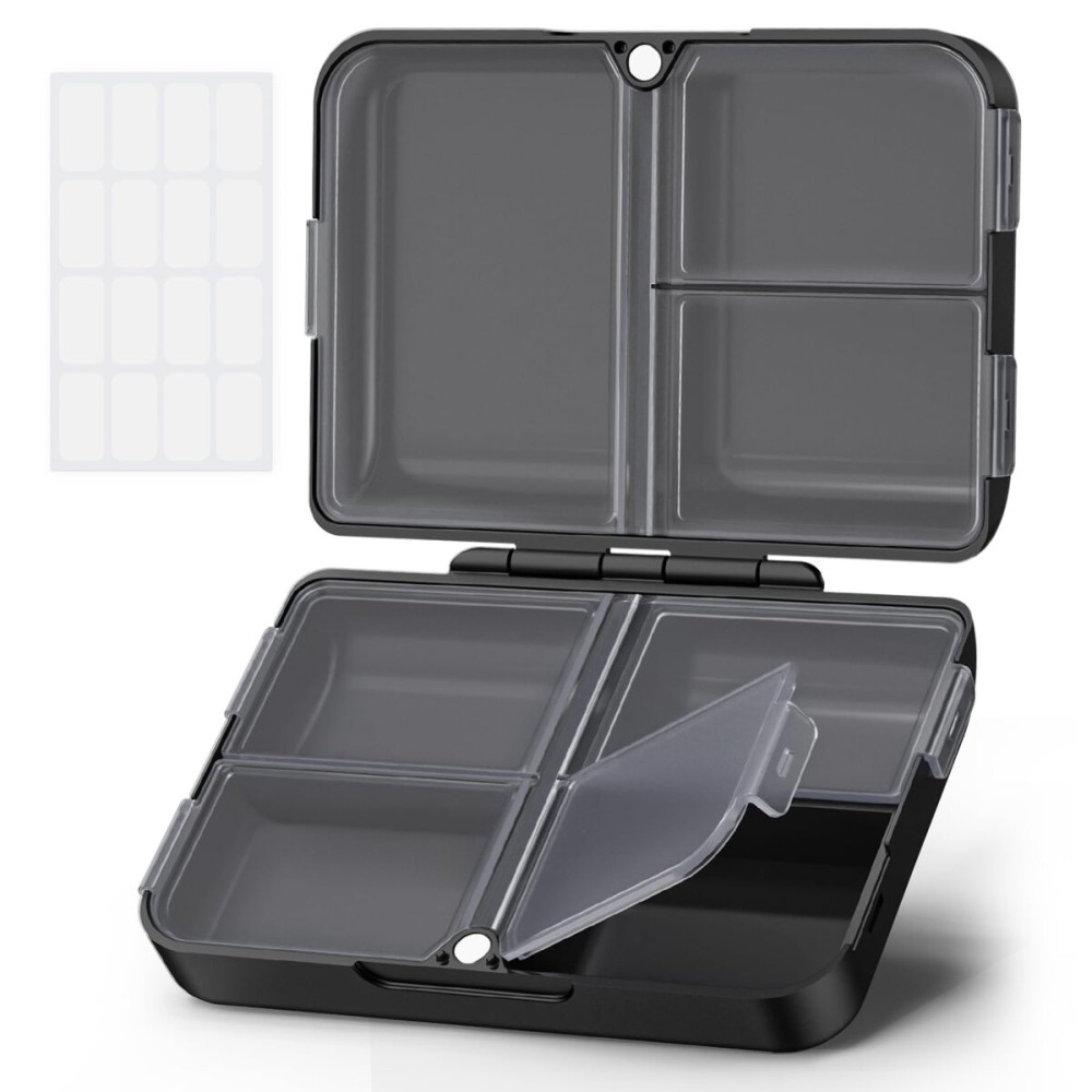 AUVON Daily Pill Organizer Fit with Your Purse or Pocket, Compact Travel Pill Box Case with Slim Folding Design and Long-Lasting Hinges to Hold Vitamin, Fish Oil, Supplement or Jewelry(Black)