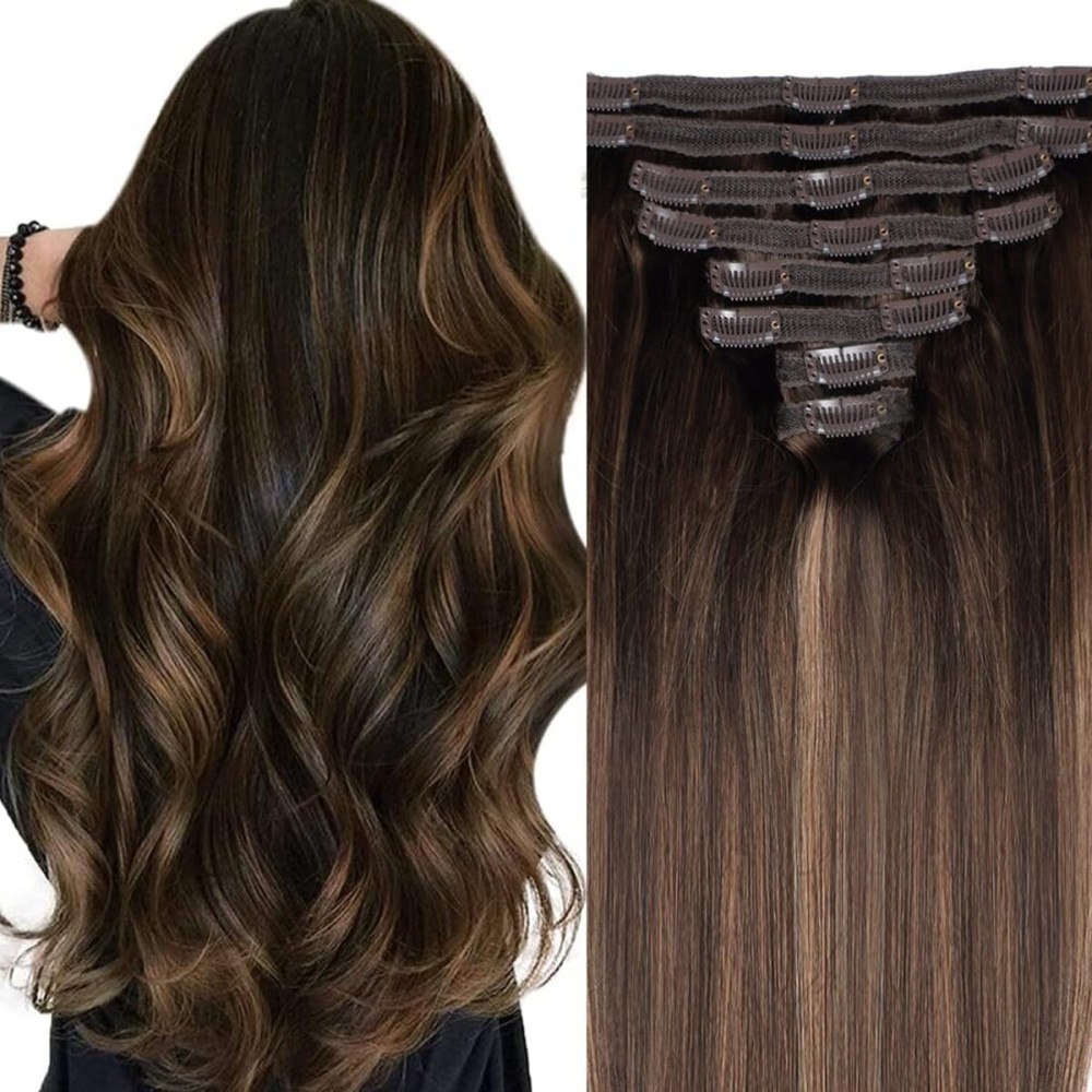 Pobokix Balayage Clip in Hair Extensions Real Human Hair Straight Highlight Human Hair Clip ins for Women, Natural Soft Remy Human Hair, 8Pcs 120g, 18inch 2/6/2 Balayage Dark Brown to Chestnut Brown
