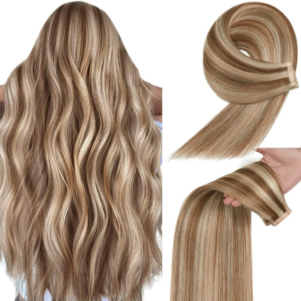 YDDM Chestnut Brown Highlighted Bleach Blonde Tape in Hair Extensions Human Hair 20pcs 20 Inch 100% Remy Human Hair Straight Invisible Tape in Hair Extensions(P6/613, 20 Inch)
