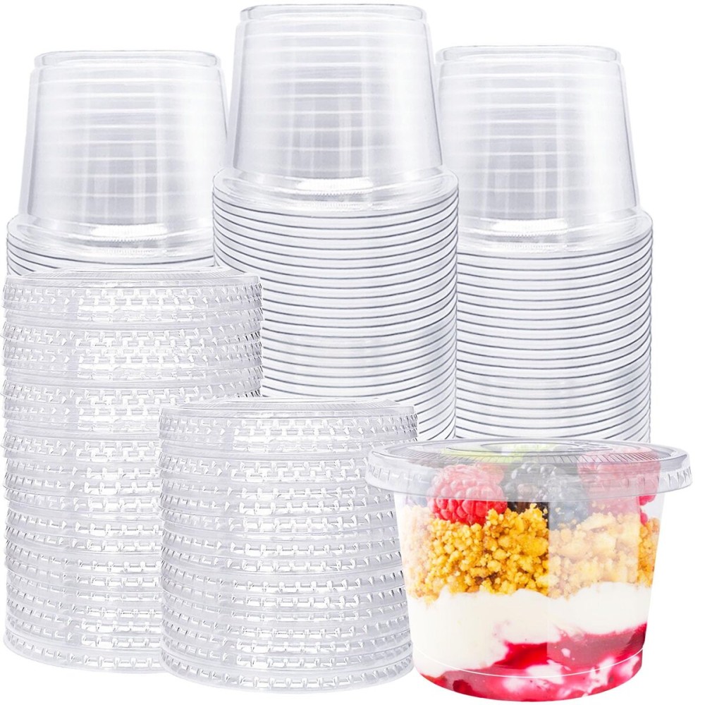 Alaeseje 100 Pack 8oz Plastic Cups with Flat Lids(Hole in the Lid),Disposable Clear Cups,Clear Crystal Dessert Cups for Parfait,Fruit,Snacks,Yogurt,Jelly,Ice Cream,Cold Drinks