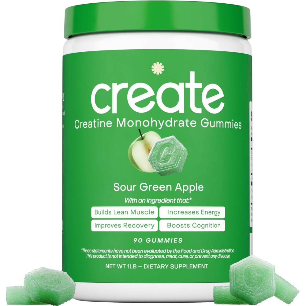 Create Creatine Monohydrate Gummies for Men & Women, Boost Focus, Strength, and Endurance, Anti-Melting Formula, Vegan, Gluten-Free, Non-GMO, 1.5g of Creatine per Gummy (Sour Green Apple)